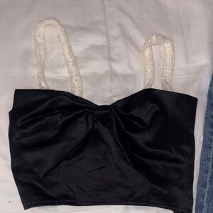 SHEIN Black Crop Top with Pearl Details